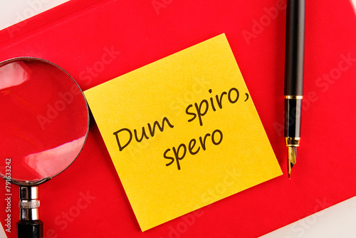 Dum Spiro Spero - latin phrase means While I Breath, I Hope. on a yellow sticker on a red notebook photo