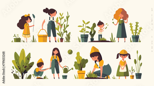 Kids gardening vector illustration set. Cartoon fla © visual