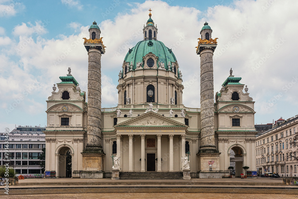 Beautiful view of St. Charles's Church Karlskirche in Vienna, Austria.