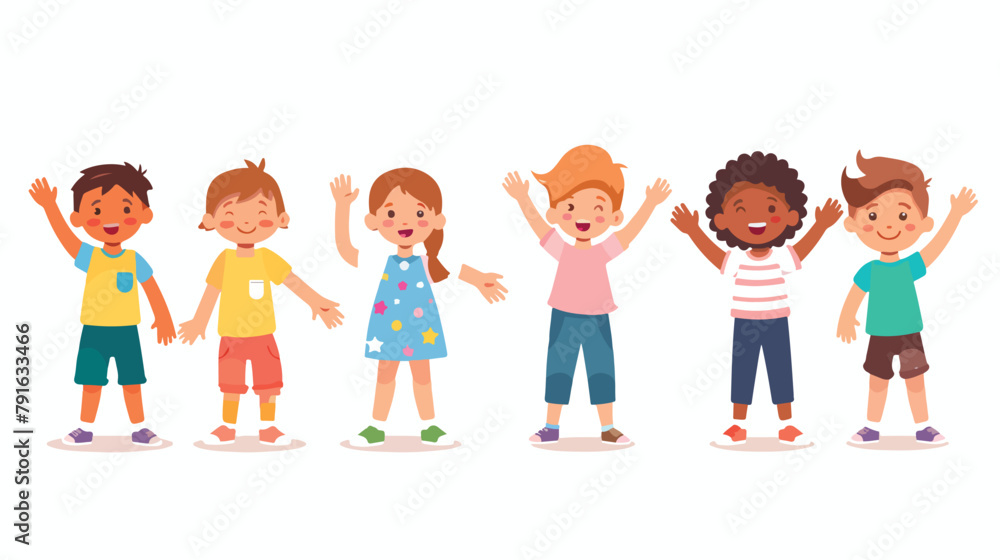 Kids waving hands flat vector illustrations set. Sm