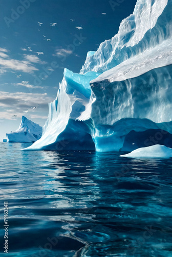 Scenery of big iceberg on water surface view in north ocean, serene scene. Isberg of central composition, blue sky, sea landscape. Hidden threat or danger concept. Gen ai illustration. Copy text space photo