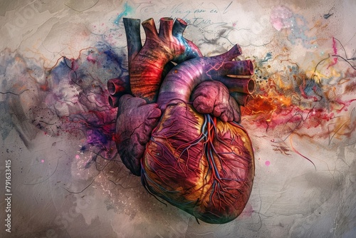 Artistic diagrammatic representation of the human heart's anatomy. photo