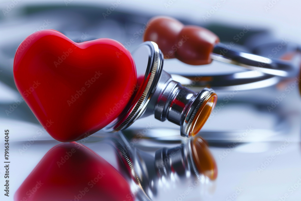 Cardiological care concept. Extreme close-up of red heart and stethoscope on reflective surface, with copy space Cardiological care concept. Extreme close-up of red heart and stethoscope on reflective surface, with copy space