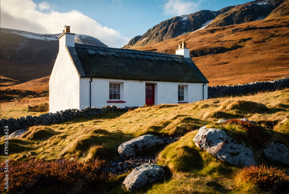 Scenery of alone traditional Scottish white croft house cottage in rural highlands. Mountain landscape countryside in summer sunny day. Nature Scotland concept. Gen ai illustrate. Copy ad text space - obrazy, fototapety, plakaty 