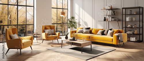 Chic Living Room with Bold Yellow Furniture and Autumn Scenery © heroimage.io