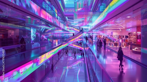 A colorful abstraction of a futuristic shopping mall with holographic displays and virtual stores AI generated illustration