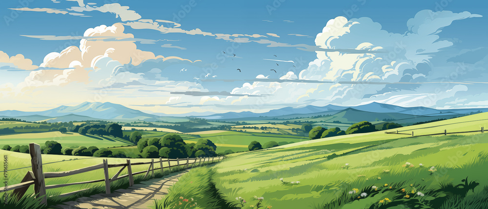 Obraz premium Expansive Pastoral Field with Dramatic Clouds and Distant Mountains