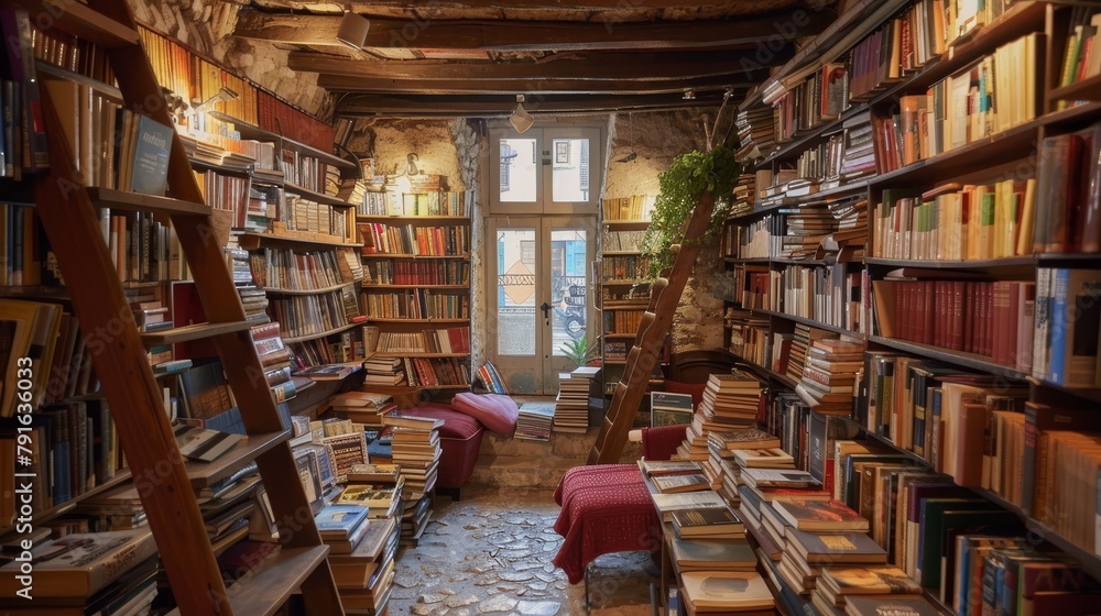 A cozy bookshop with stacks of books and comfy reading nooks AI generated illustration A cozy bookshop with stacks of books and comfy reading nooks AI generated illustration