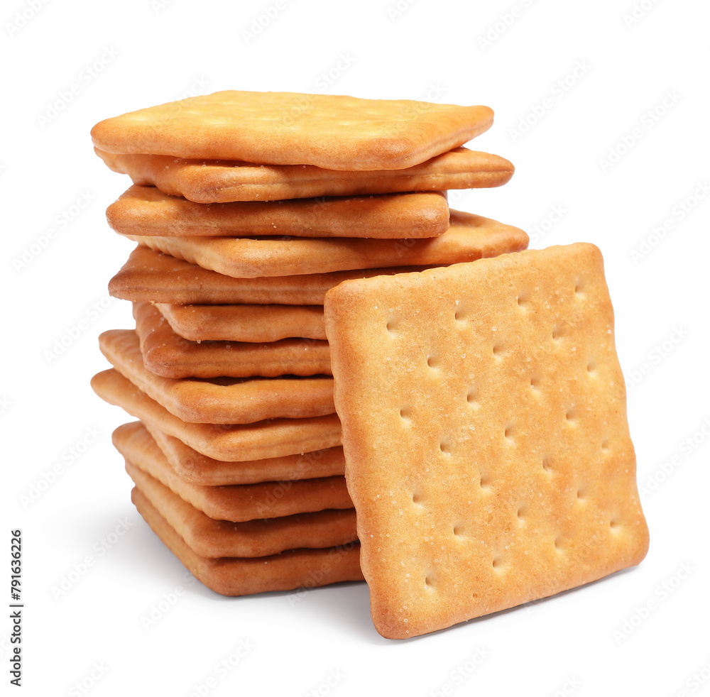 Tasty crispy square crackers isolated on white Tasty crispy square crackers isolated on white