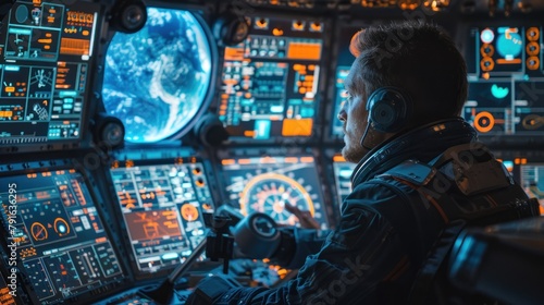 Astronaut operating advanced controls in a space station cockpit overlooking Earth.