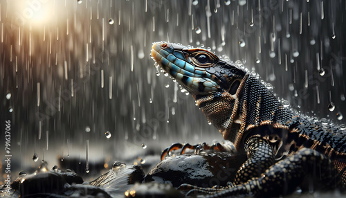 Close-up of Rainy Reptiles: Lizards Basking in the Rain, a Unique Perspective on Reptilian Life and Natural Ecosystems in the Rainy Season