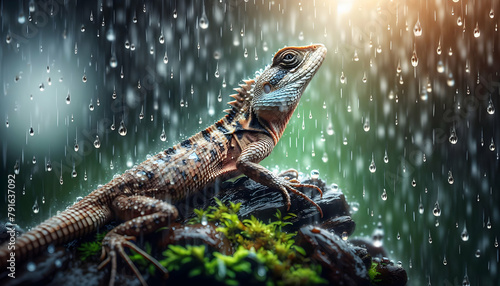 Close-Up Rainy Reptiles: Lizards Basking in Unique Perspective on Reptilian Life and Natural Ecosystems. Rain Season Close-Up Photo Stock Concept