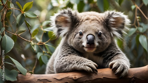 A sleepy koala bear nestled in the crook of a tree branch, its round ears twitching as it dozes off. photo