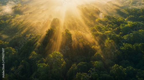 The sun rays pierce through the forest creating a magical atmosphere