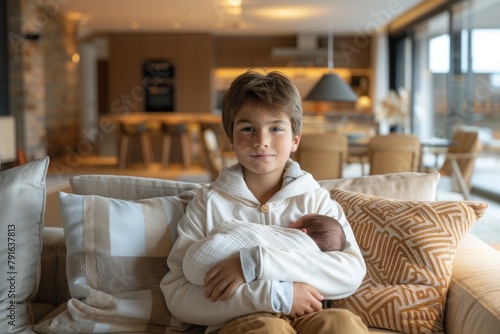 Young boy holding a newborn baby brother in a peaceful family environment. Brotherhood, family, care, love and the joy of new life.