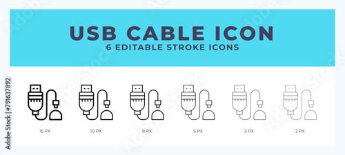 Usb cable icon set with different stroke. Vector illustration with editable stroke.