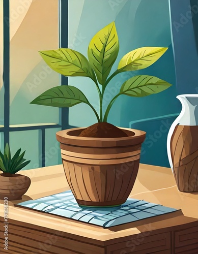 Wallpaper Mural tropical plan on pot, on modern table and modern background, cartoon style Torontodigital.ca