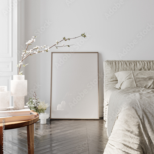Green and gray pillows on  gray bed in natural bedroom interior with home decoration and wooden bedside table with vase. mock up poster.