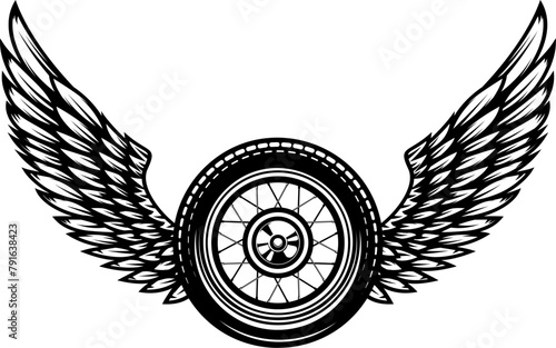 Black and white winged wheel illustration isolated on white background. Design element for emblem, sign, poster, card, badge. Vector illustration