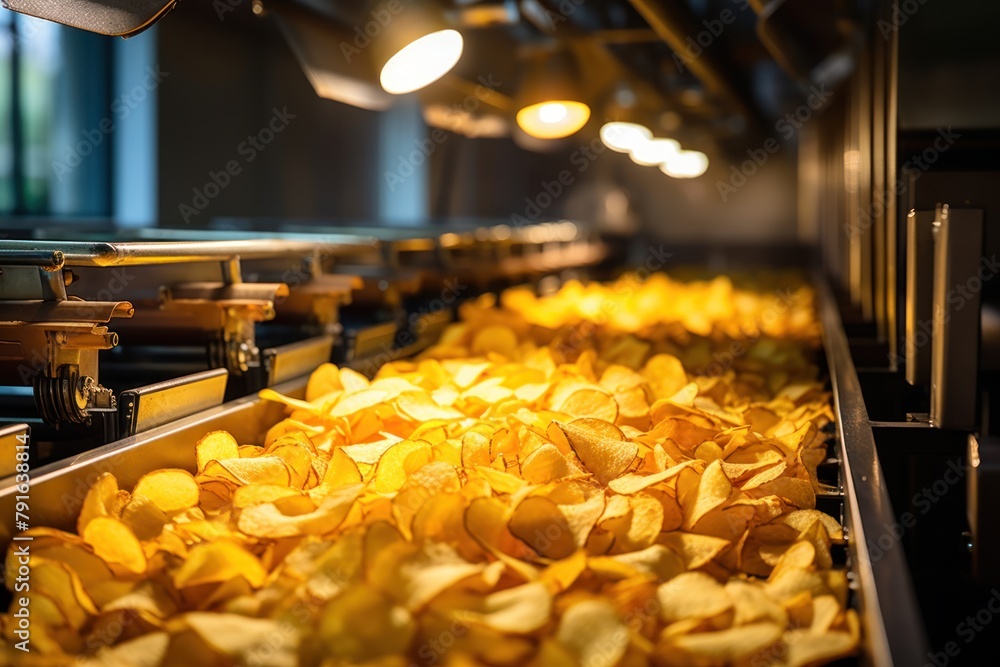 Potato chips production line. Industrial background. Chips production, conveyor process, production automation Potato chips production line. Industrial background. Chips production, conveyor process, production automation