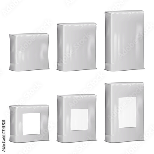 Brick pack bag with blank white label. Vector mock-up set. Square plastic or paper pouch packaging. Mockup kit. Flat bottom rectangle package. Template for design
