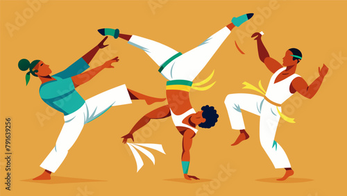 As the music shifts to a faster tempo the capoeira dancers engage in a display of explosive acrobatics incorporating flips jumps and kicks into