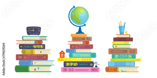 Three large stacks of books with toys, clock and globe on top. Isolated on white background. Vector flat illustration