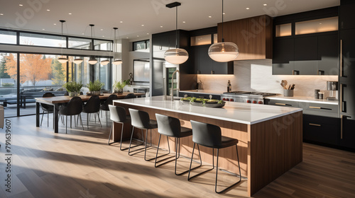 A meticulously designed kitchen in a gorgeous new luxury home, boasting a striking island counter and exquisite wooden flooring, exuding an aura of sophistication and refinement.