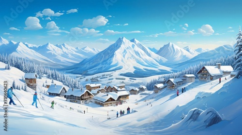 A beautiful winter landscape with snow-capped mountains, a village with chalets, and people skiing down the slopes.