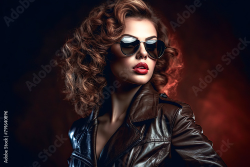 A woman with a short haircut and sunglasses is wearing a leather jacket. She is standing in front of a red background