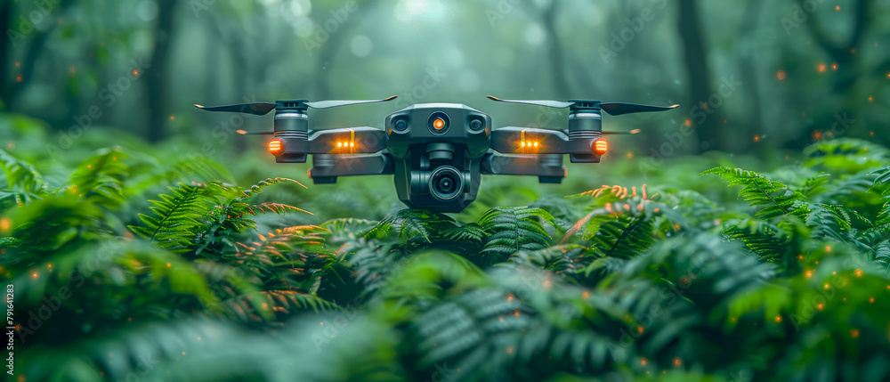 A drone is flying over a lush green forest, technology and innovation A drone is flying over a lush green forest, technology and innovation