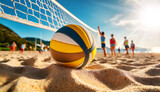 Extreme close-up and bottom view of a volleyball ball on sandy beach with blur image of players playing in background and volleyball net at summer sunny day. Beach volley concept. Generative Ai.