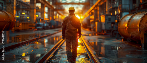 A man in a yellow jacket walks through a wet industrial area photo