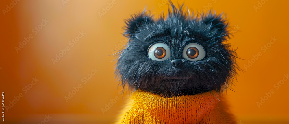 Naklejka premium A black furry stuffed animal with a yellow sweater and a big, wide open mouth