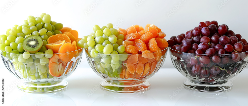 Three bowls of fruit arranged on table, contain grapes, oranges and kiwis Three bowls of fruit arranged on table, contain grapes, oranges and kiwis