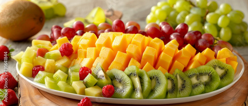 Plate with variety of fresh fruits including kiwi, mango, and grapes