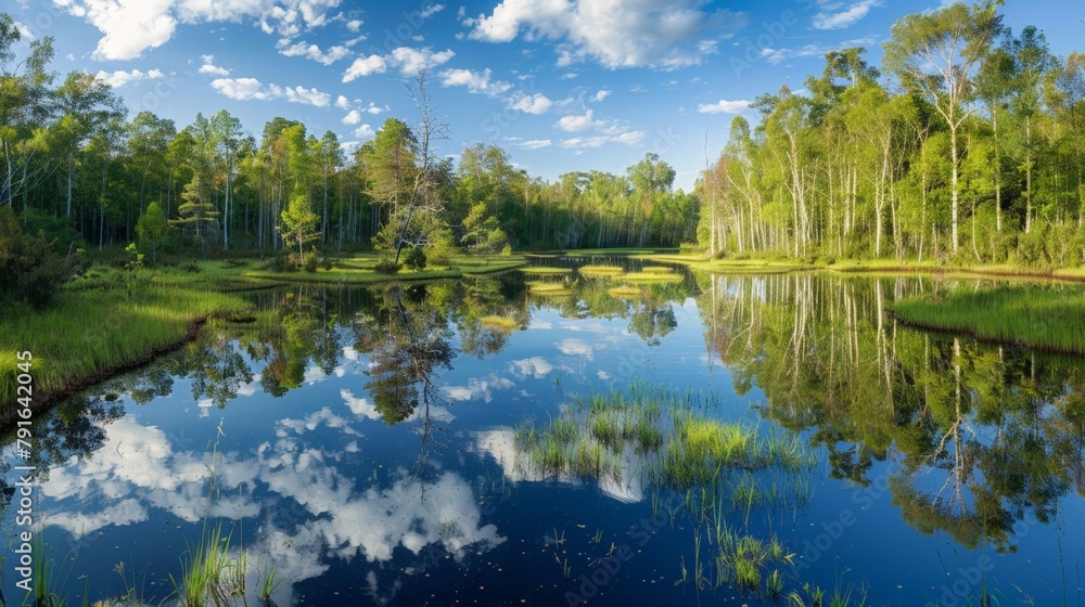 Obraz premium View of lake with trees and grass