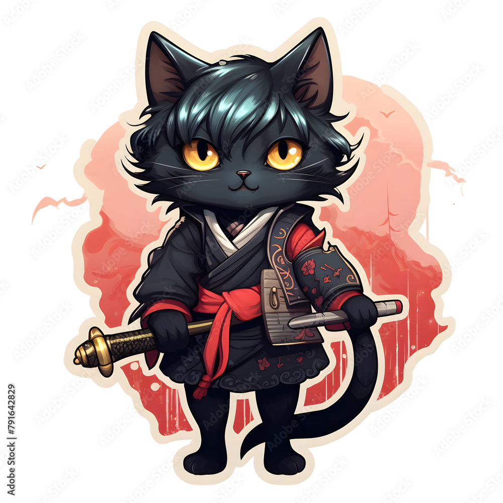 Fototapeta Illustration of Fantasy Anime Cat Warrior with Katana in Traditional Attire