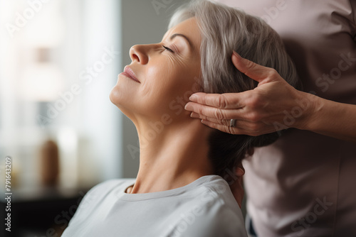 Caucasic older woman in a physiotherapy session to take care of her neck and cervical spine. Relaxation and health care for the elderly.
