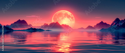 Illustration with beautiful sunset with large red moon in the sky