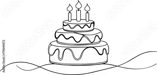 Continuous one line drawing of birthday cake with candles. Symbol of sweet celebration torte and pastry confectionery icon concept in simple linear style