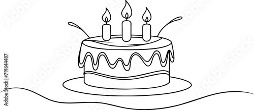 Continuous one line drawing of birthday cake with candles. Symbol of sweet celebration torte and pastry confectionery icon concept in simple linear style