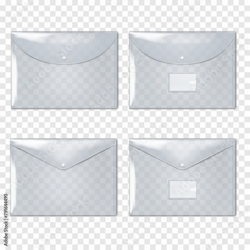 Clear plastic envelope folder with snap button closure. Vector mock-up set. Transparent PVC file holder, document case poly bag. Mockup kit