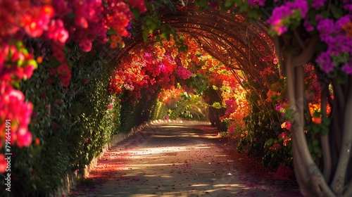 Bougainvillea vines cascade in a riot of color, forming an enchanting tunnel that seems to shimmer in the sunlight.
