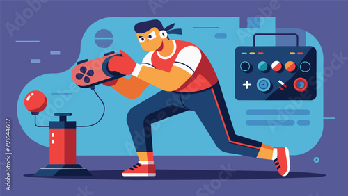 A competitor uses a specialized gaming controller to simulate sparring matches and train their reflexes and timing.