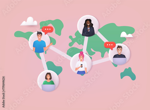 Social contacts of people connected by nodes and lines. Global communication network. Social media communication systems and technologies. 3D Web Vector Illustrations.