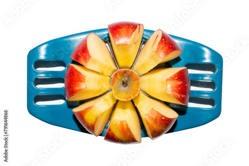An apple slicer is a device for removing the core and seeds from apples.A knife for slicing apples.An apple in a section. © begun1983