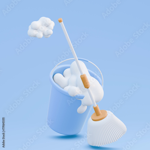 Concept cleaner. Cartoon mop, pail, sponge and dustpan in the blue background, 3d rendering