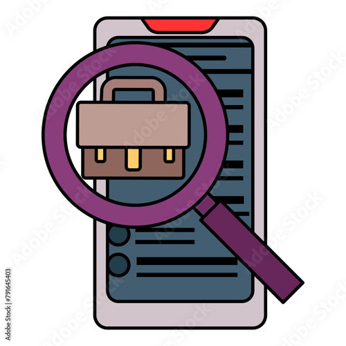 Job Hunting or finding mobile screen concept, Magnifying glass with bag on cellphone vector icon design,  out of work  symbol,  Layoff sign, Unwaged stock illustration