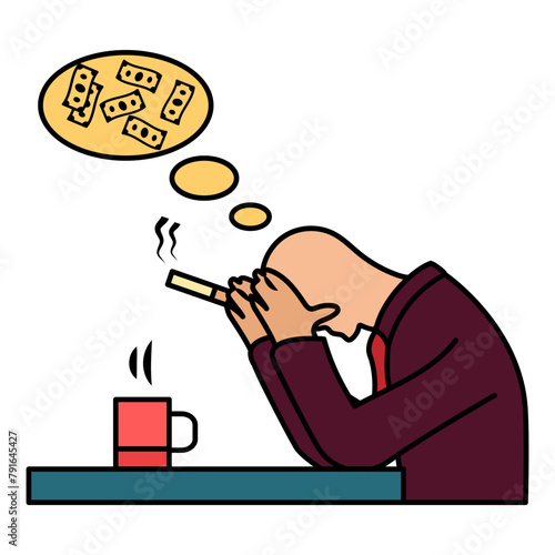 seasoned businessman in depression due to sharp decline in sales concept, In the stark silence of his office vector color design,  out of work  symbol,  Layoff sign, Unwaged illustration